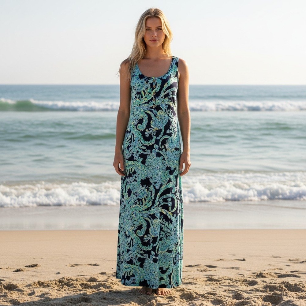 Lilly‎ Pulitzer Maxi Dress Womens XS Navy Paisley Pima Cotton Henley Sleeveless